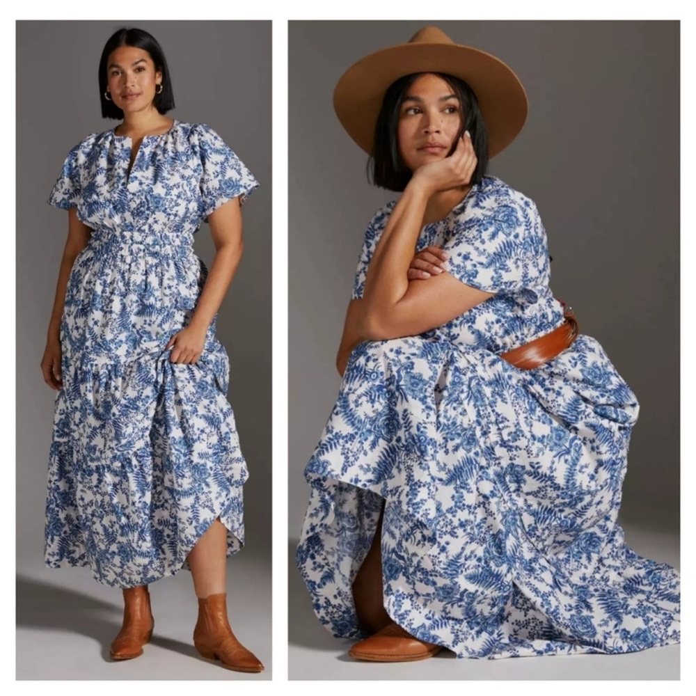 New Without Tags Anthropologie Somerset Maxi Dress Cream Blue Floral Size Large